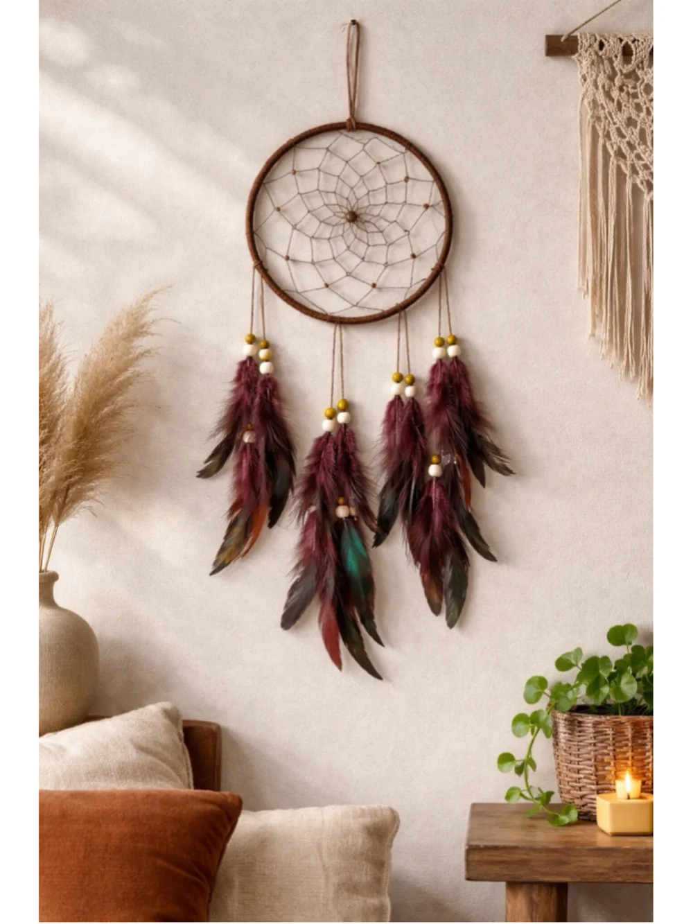 Dream Catcher Wall Hanging 6.5 In Hoop 23 in Long Feathers Beads Boho Decor New